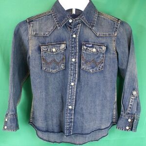 Wrangler Boys Denim Western Pearl Snap Shirt Blue Medium Wash Size S 10BS1039W
